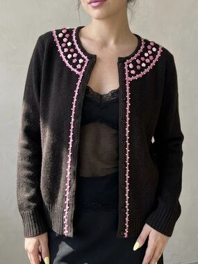ALEXANDRA BARTLETT Vintage Lambswool Ribbon Rosette Beaded Cardigan Sweater